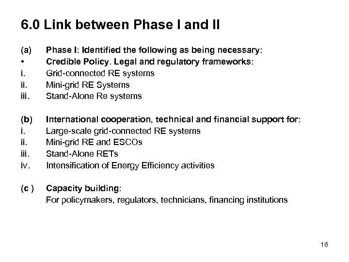 6. 0 Link between Phase I and II (a) • i. iii. Phase I: