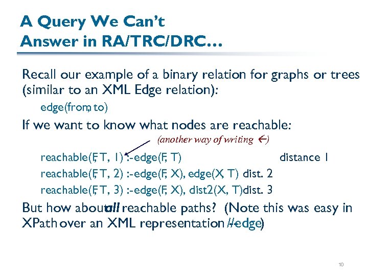 A Query We Can’t Answer in RA/TRC/DRC… Recall our example of a binary relation
