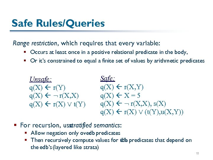 Safe Rules/Queries Range restriction, which requires that every variable: § Occurs at least once