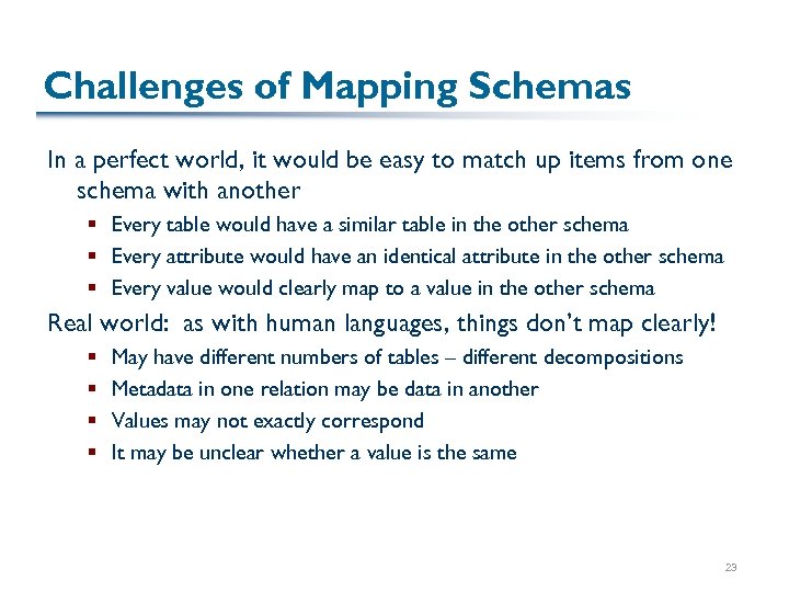 Challenges of Mapping Schemas In a perfect world, it would be easy to match