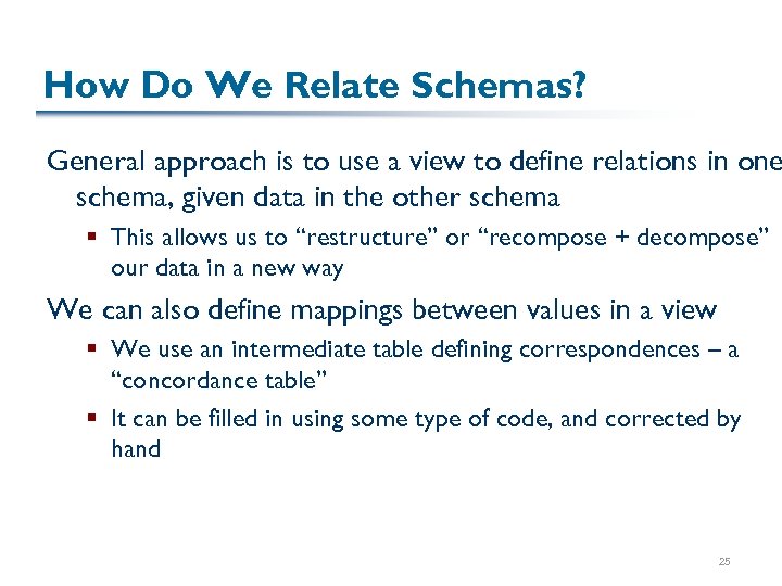 How Do We Relate Schemas? General approach is to use a view to define