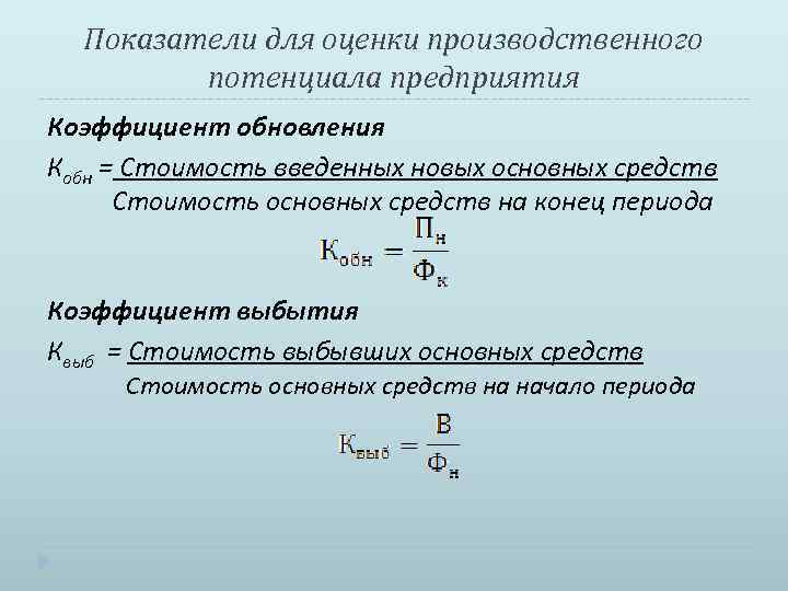 Показатели для оценки производственного потенциала предприятия Коэффициент обновления Кобн = Стоимость введенных новых основных