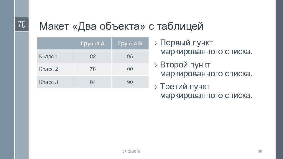 Макет «Два объекта» с таблицей Группа А Группа Б Класс 1 82 95 Класс