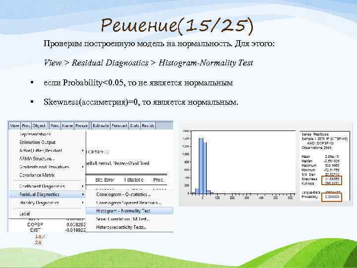 Решение(15/25) Проверим построенную модель на нормальность. Для этого: View > Residual Diagnostics > Histogram-Normality