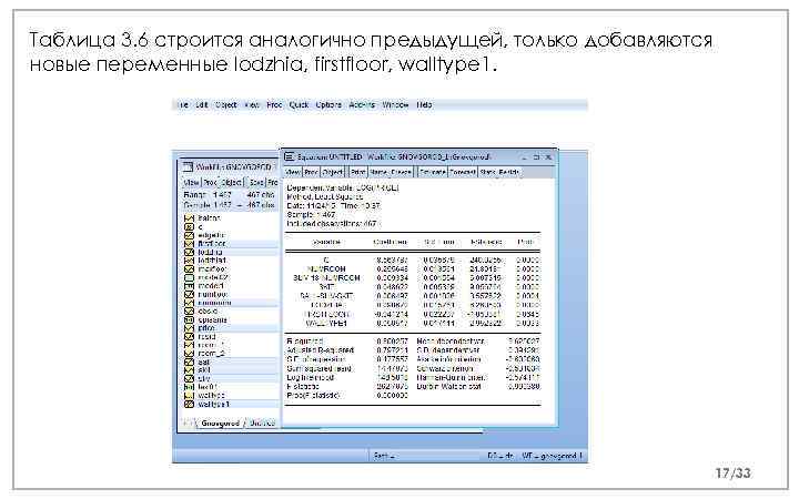 Таблица 3. 6 строится аналогично предыдущей, только добавляются новые переменные lodzhia, firstfloor, walltype 1.