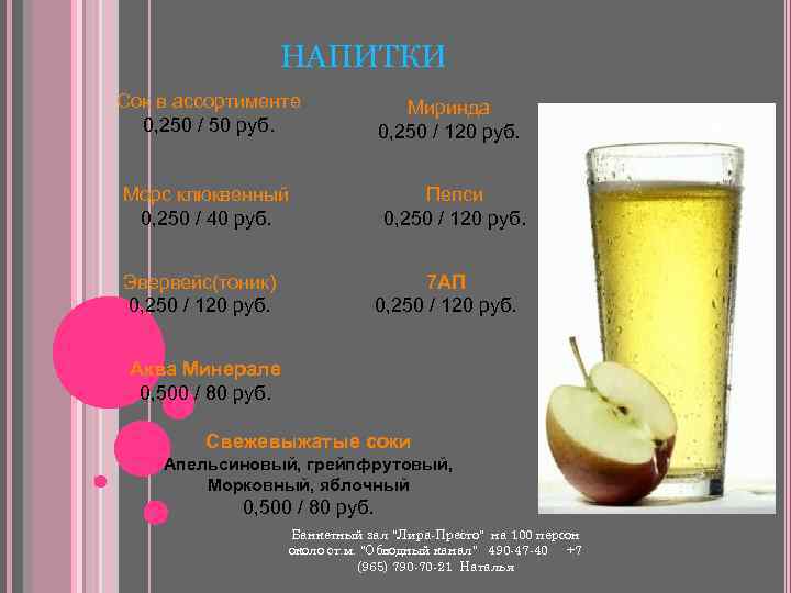 НАПИТКИ Сок в ассортименте 0, 250 / 50 руб. Морс клюквенный 0, 250 /