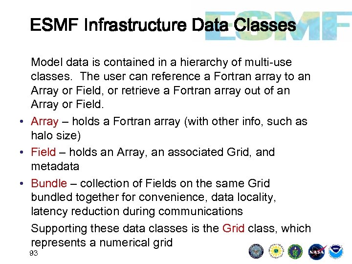 ESMF Infrastructure Data Classes Model data is contained in a hierarchy of multi-use classes.