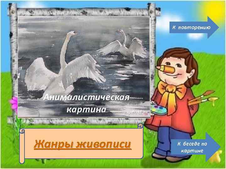 К повторению Анималистическая Портреткартина Пейзаж Натюрморт картина Бытовая картина Историческая Жанры живописи К беседе