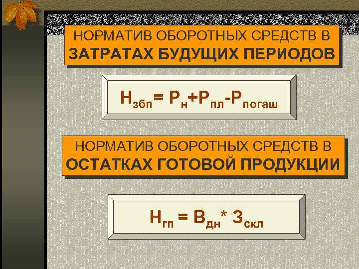 НОРМАТИВ ОБОРОТНЫХ СРЕДСТВ В ЗАТРАТАХ БУДУЩИХ ПЕРИОДОВ Нзбп= Рн+Рпл-Рпогаш НОРМАТИВ ОБОРОТНЫХ СРЕДСТВ В ОСТАТКАХ