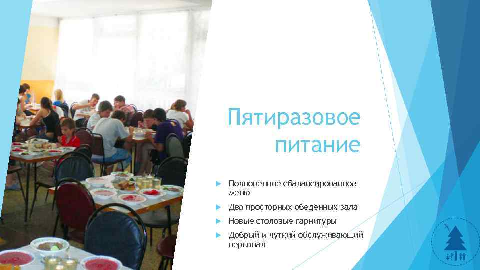 Пятиразовое питание Полноценное сбалансированное меню Два просторных обеденных зала Новые столовые гарнитуры Добрый и