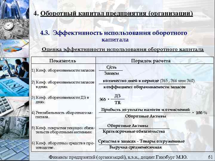 4. Оборотный капитал предприятия (организации) 4. 3. Эффективность использования оборотного капитала Оценка эффективности использования