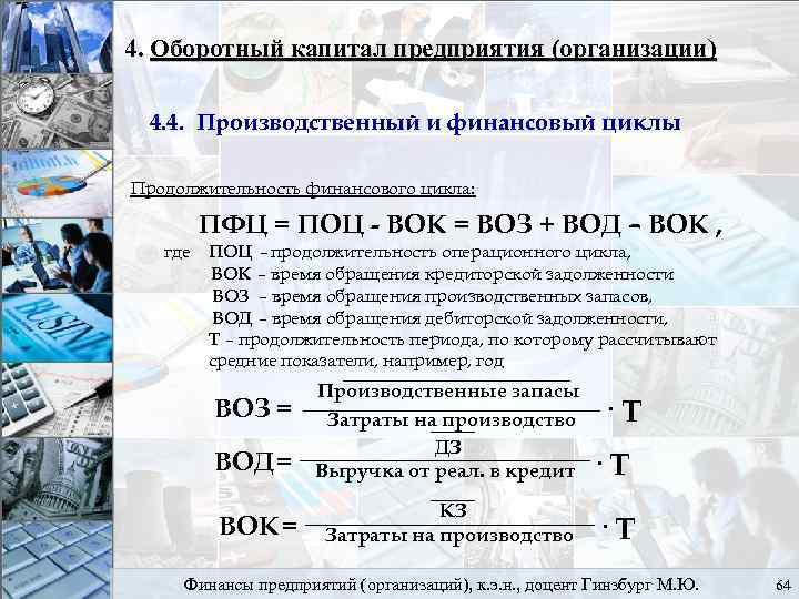 4. Оборотный капитал предприятия (организации) 4. 4. Производственный и финансовый циклы Продолжительность финансового цикла: