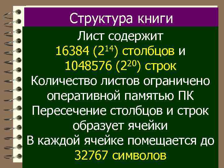 Структура книги Лист содержит 16384 (214) столбцов и 1048576 (220) строк Количество листов ограничено