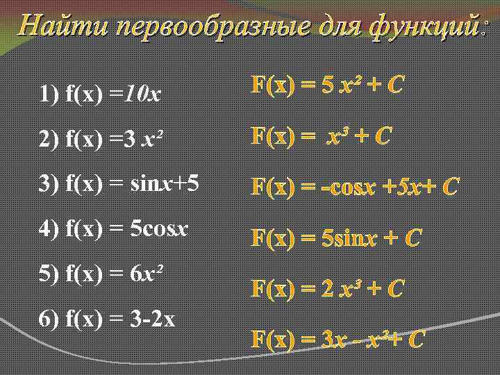  Найти первообразные для функций: 1) f(x) =10 х F(x) = 5 х² +