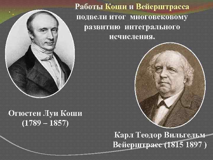 Работы Коши и Вейерштрасса подвели итог многовековому развитию интегрального исчисления. Огюстен Луи Коши (1789