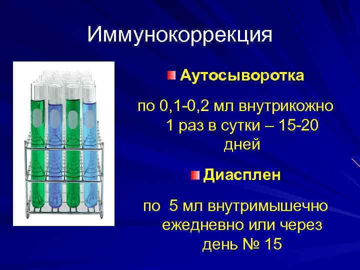 Иммунокоррекция Аутосыворотка по 0, 1 -0, 2 мл внутрикожно 1 раз в сутки –