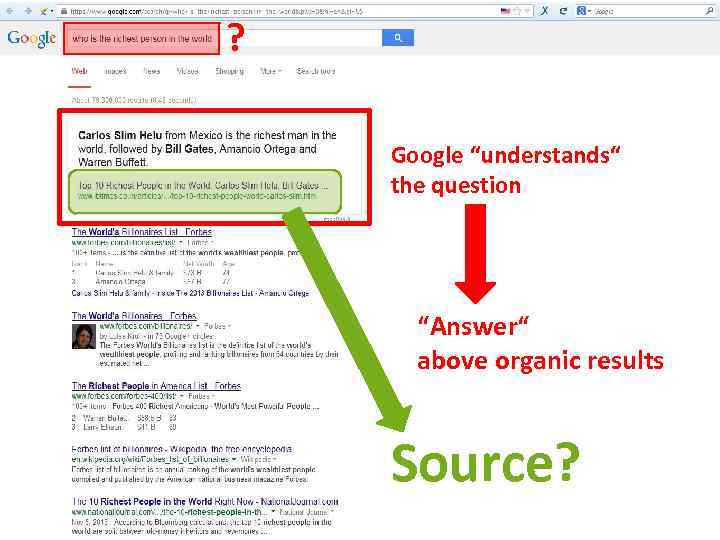 ? Google “understands“ the question “Answer“ above organic results Source? 