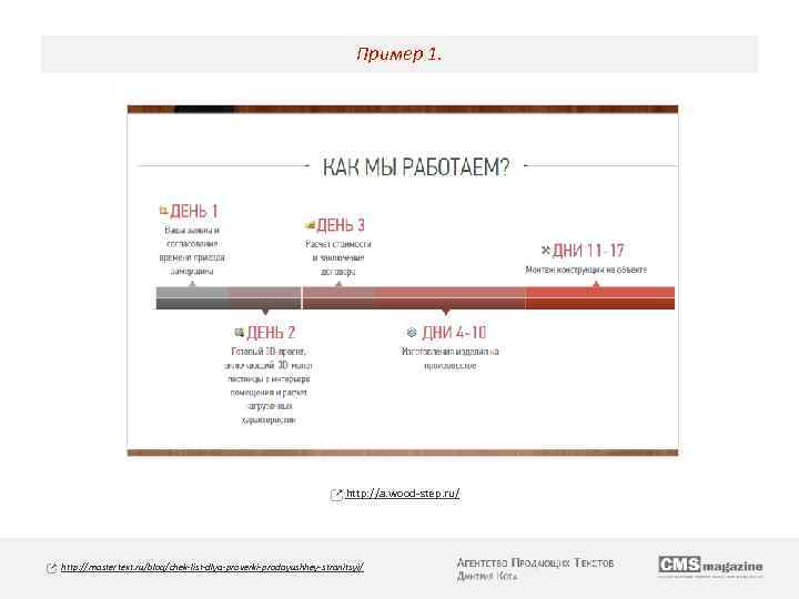 Пример 1. http: //a. wood-step. ru/ http: //mastertext. ru/blog/chek-list-dlya-proverki-prodayushhey-stranitsyi/ 
