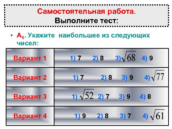 Самостоятельная работа. Выполните тест: • А 1. Укажите наибольшее из следующих чисел: Вариант 1