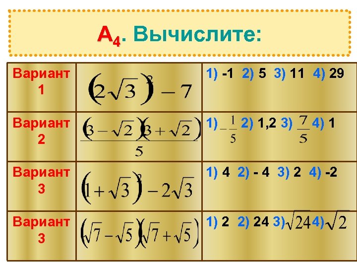 А 4. Вычислите: Вариант 1 1) -1 2) 5 3) 11 4) 29 Вариант