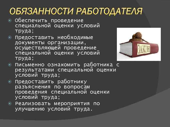 ОБЯЗАННОСТИ РАБОТОДАТЕЛЯ Обеспечить проведение специальной оценки условий труда; Предоставить необходимые документы организации, осуществляющей проведение