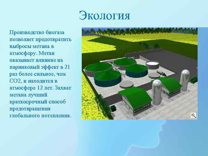  Экология Производство биогаза позволяет предотвратить выбросы метана в атмосферу. Метан оказывает влияние на