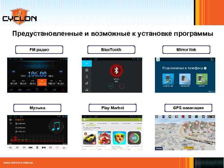 Предустановленные и возможные к установке программы FM радио Blue. Tooth Музыка Play Market Mirror