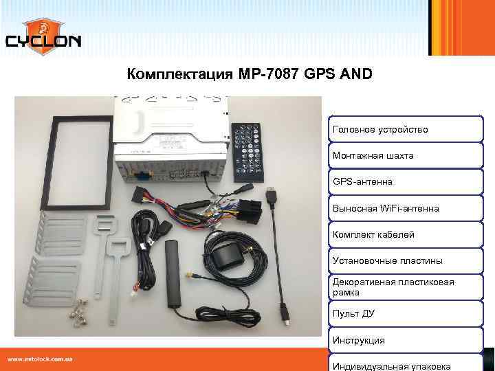 Комплектация MP-7087 GPS AND Головное устройство Монтажная шахта GPS-антенна Выносная Wi. Fi-антенна Комплект кабелей