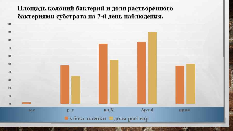 Площадь колоний бактерий и доля растворенного бактериями субстрата на 7 -й день наблюдения. 100