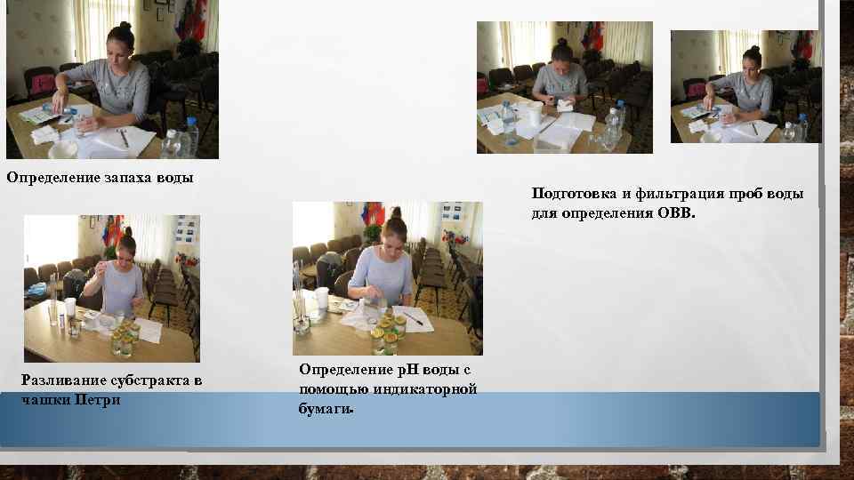 Определение запаха воды Разливание субстракта в чашки Петри Подготовка и фильтрация проб воды для