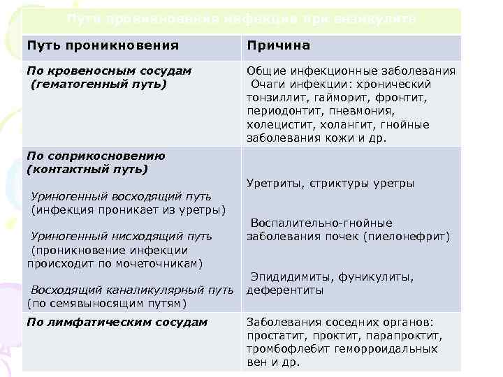 Пути проникновения инфекции при везикулите Путь проникновения Причина По кровеносным сосудам (гематогенный путь) Общие