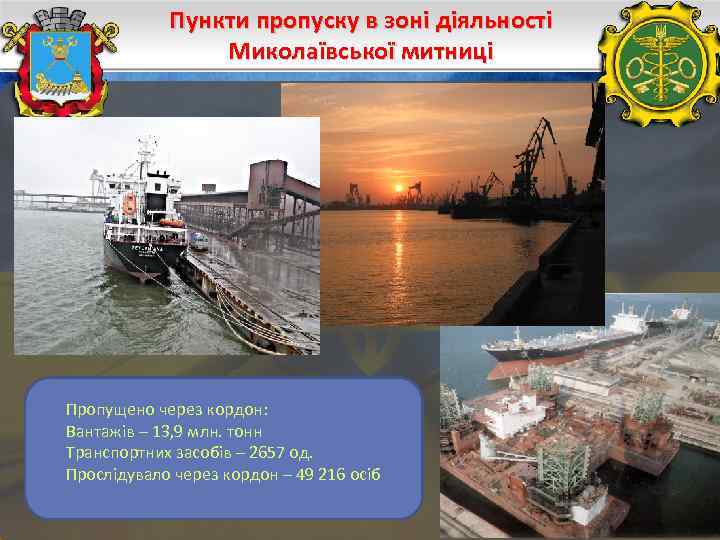 Пункти пропуску в зоні діяльності Миколаївської митниці Пропущено через кордон: Вантажів – 13, 9