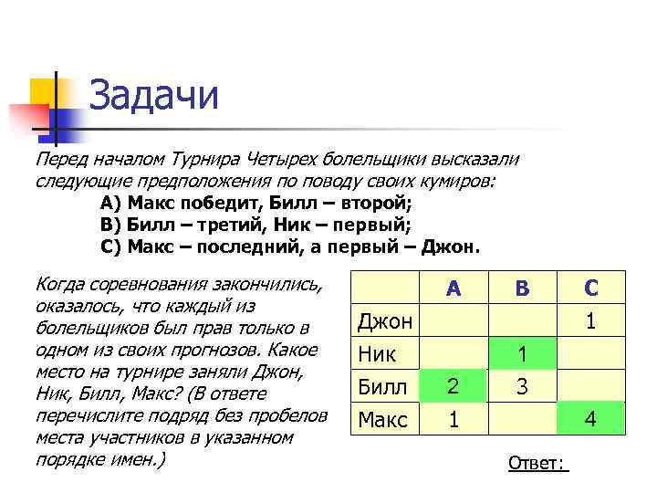 Задача перед. Перед началом турнира четырех болельщики высказали следующие. Перед началом турнира четырех болельщики высказали. Перед началом турнира по шахматам болельщики высказали следующие.