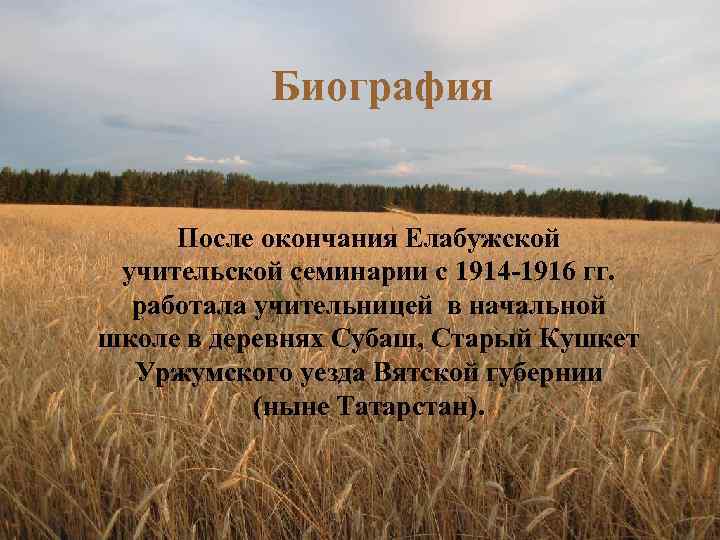 Биография После окончания Елабужской учительской семинарии с 1914 -1916 гг. работала учительницей в начальной