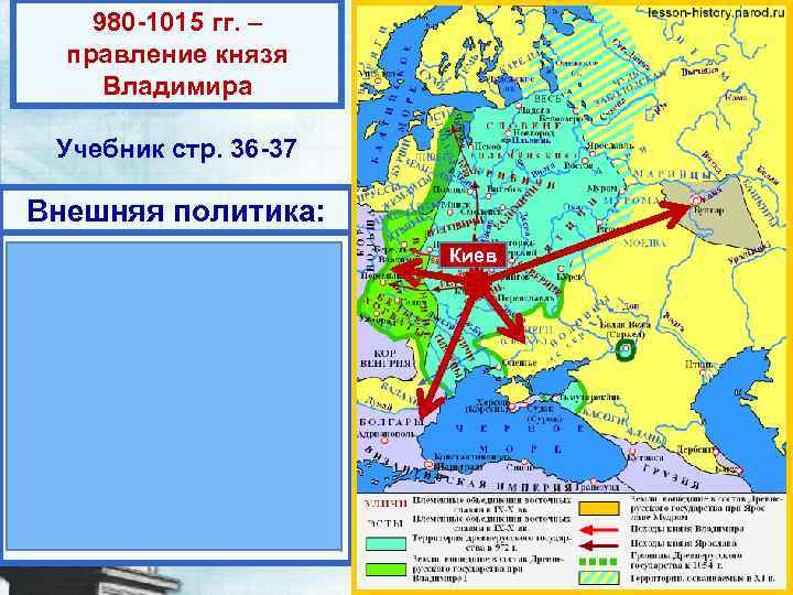 980 -1015 гг. – правление князя Владимира Учебник стр. 36 -37 Внешняя политика: 1.