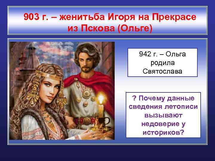 903 г. – женитьба Игоря на Прекрасе из Пскова (Ольге) 942 г. – Ольга