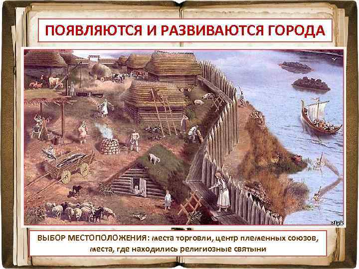 ПОЯВЛЯЮТСЯ И РАЗВИВАЮТСЯ ГОРОДА ВЫБОР МЕСТОПОЛОЖЕНИЯ: места торговли, центр племенных союзов, места, где находились