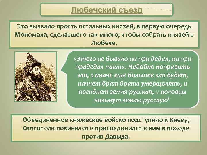 Любечский съезд Это вызвало ярость остальных князей, в первую очередь Мономаха, сделавшего так много,