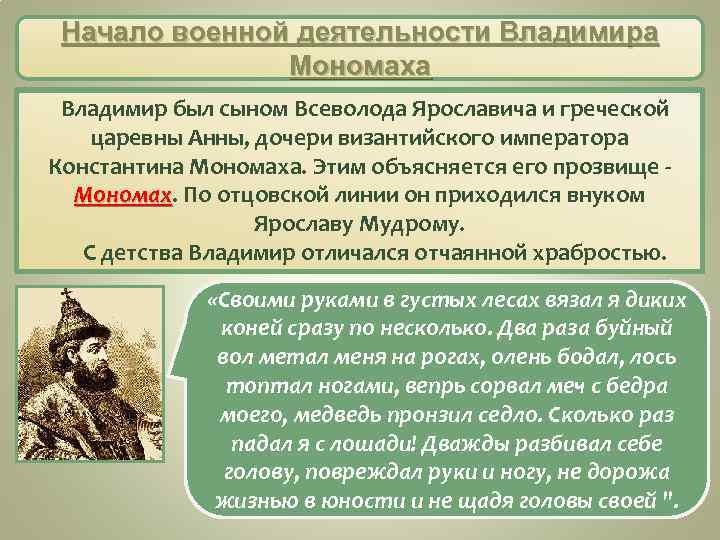 Начало военной деятельности Владимира Мономаха Владимир был сыном Всеволода Ярославича и греческой царевны Анны,