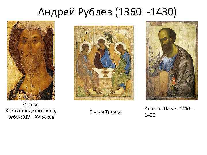 Андрей Рублев (1360 -1430) Спас из Звенигородского чина, рубеж XIV—XV веков Святая Троица Апостол