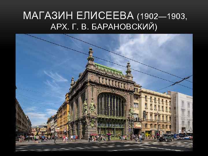  МАГАЗИН ЕЛИСЕЕВА (1902— 1903, АРХ. Г. В. БАРАНОВСКИЙ) 