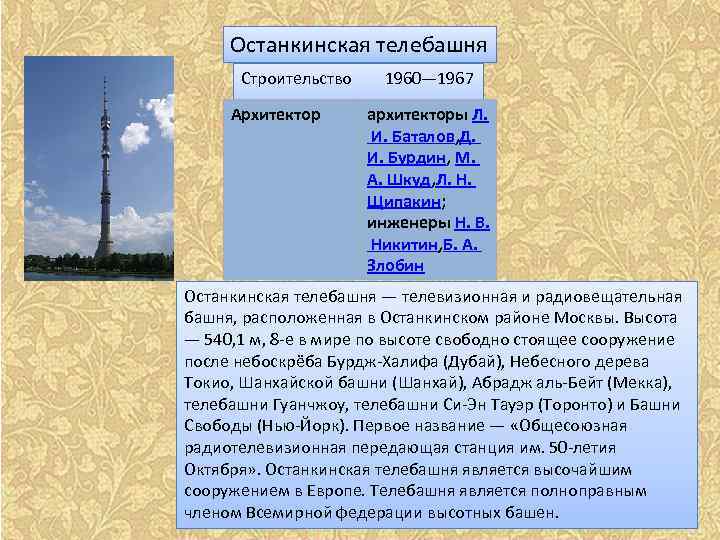 Останкинская телебашня Строительство Архитектор 1960— 1967 архитекторы Л. И. Баталов, Д. И. Бурдин, М.