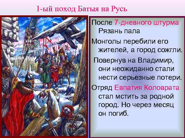 1 -ый поход Батыя на Русь После 7 -дневного штурма Рязань пала Монголы перебили