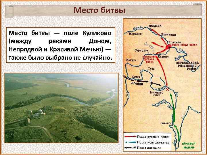 Место битвы — поле Куликово (между реками Доном, Непрядвой и Красивой Мечью) — также