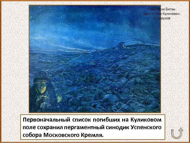 Ночь после битвы. Цикл «Поле Куликово» . И. Глазунов Первоначальный список погибших на Куликовом