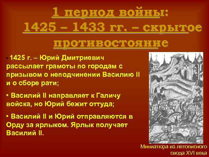 1 период войны: 1425 – 1433 гг. – скрытое противостояние • 1425 г. –