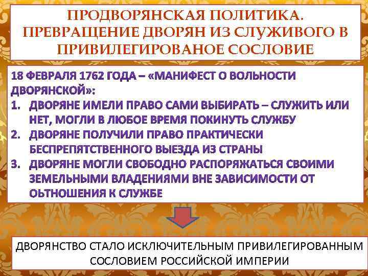 ПРОДВОРЯНСКАЯ ПОЛИТИКА. ПРЕВРАЩЕНИЕ ДВОРЯН ИЗ СЛУЖИВОГО В ПРИВИЛЕГИРОВАНОЕ СОСЛОВИЕ ДВОРЯНСТВО СТАЛО ИСКЛЮЧИТЕЛЬНЫМ ПРИВИЛЕГИРОВАННЫМ СОСЛОВИЕМ