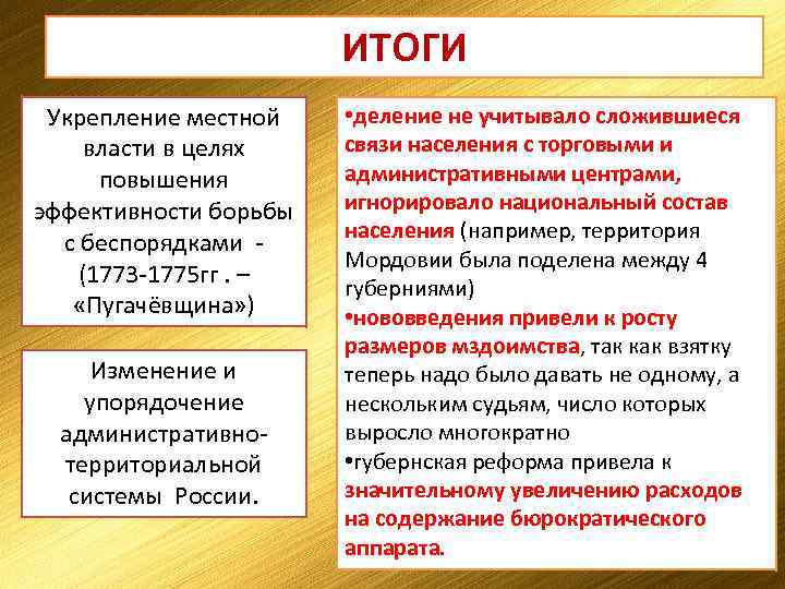 ИТОГИ Укрепление местной власти в целях повышения эффективности борьбы с беспорядками - (1773 -1775