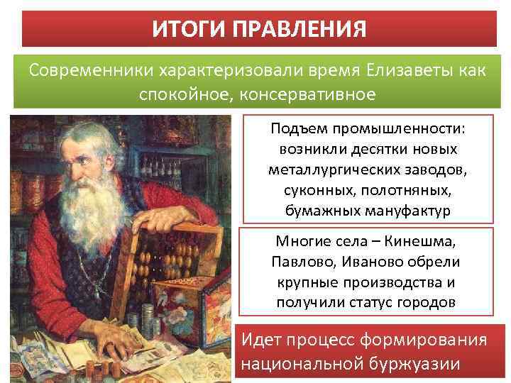 ИТОГИ ПРАВЛЕНИЯ Современники характеризовали время Елизаветы как спокойное, консервативное Подъем промышленности: возникли десятки новых