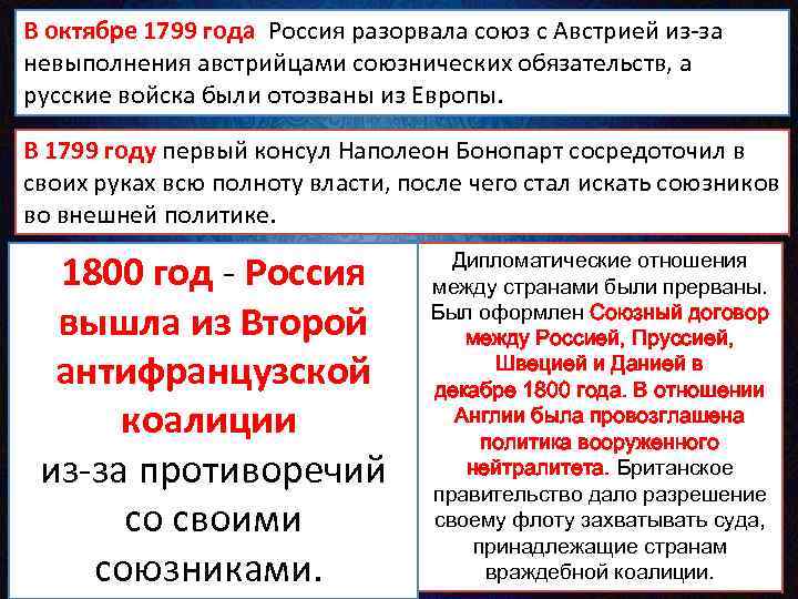 В октябре 1799 года Россия разорвала союз с Австрией из-за невыполнения австрийцами союзнических обязательств,